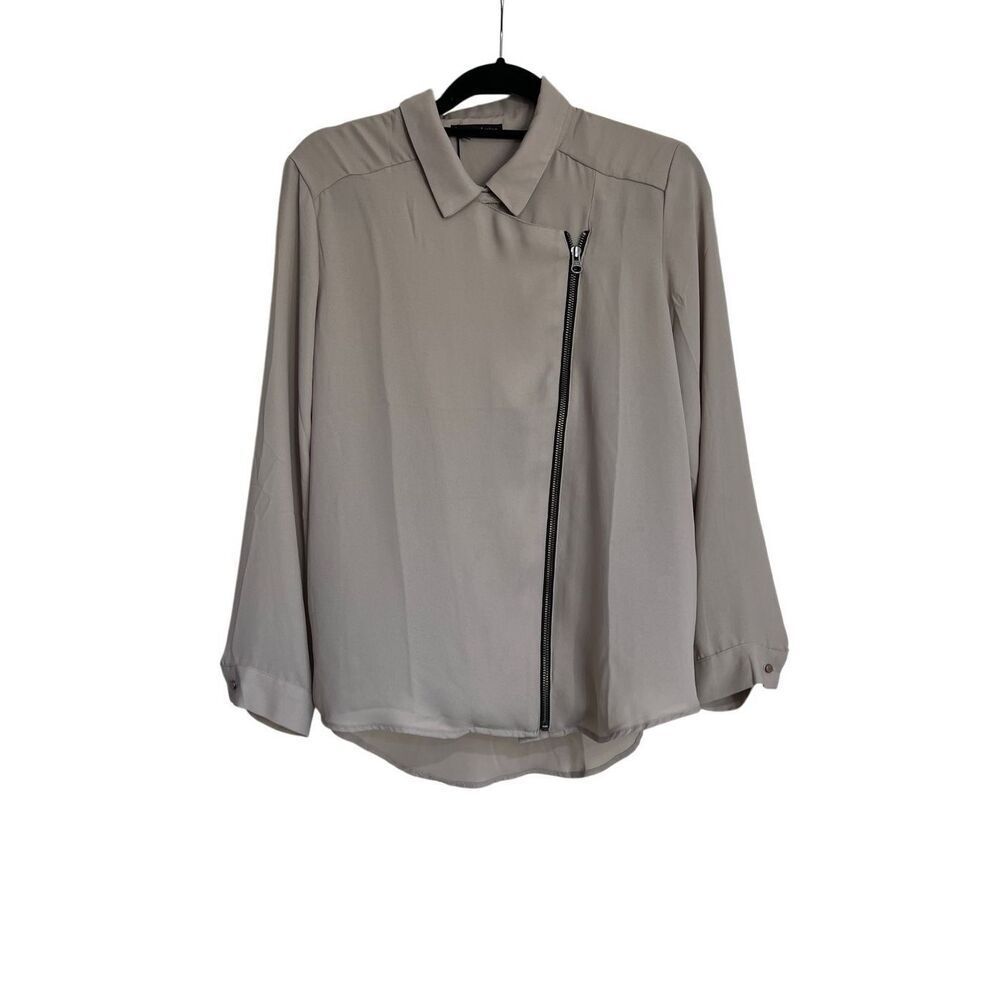 Revolve Krisa Top Womens Size Medium Taupe Zip Front Moto Long Sleeve Collared